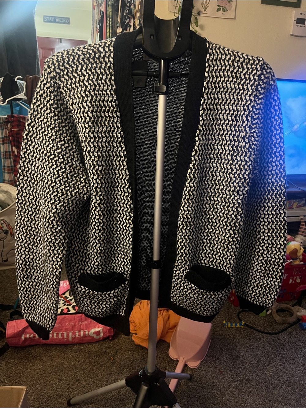 Black & White Open Knit Cardigan with Contrast Trim